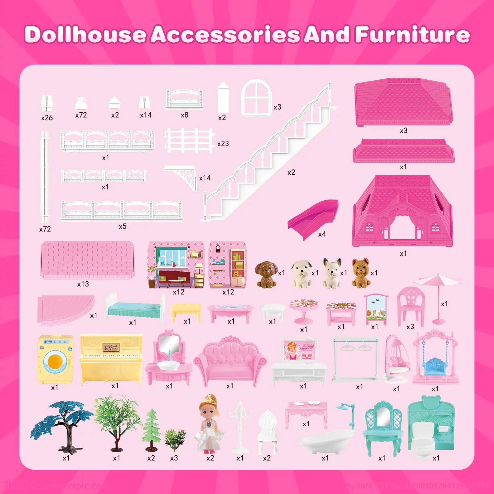 Beefunni 4-Story 12-Room Dollhouse with 2 Princesses and Slide Accessories X74843