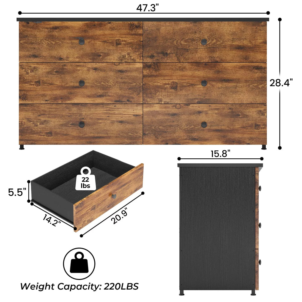 6 Drawer Double Dresser with Steel Frame, Wooden Storage Cabinet for Bedroom V120