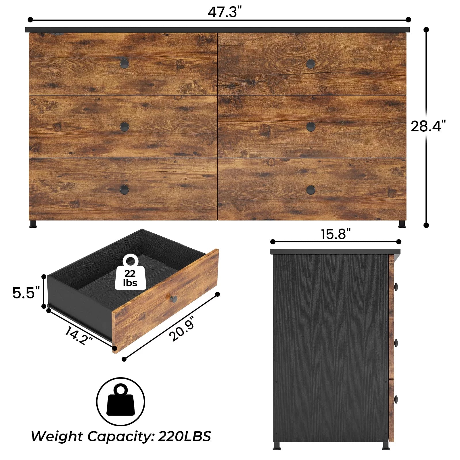 6 Drawer Double Dresser with Steel Frame, Wooden Storage Cabinet for Bedroom V120