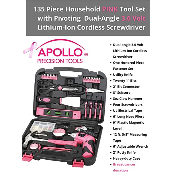 135 Piece Household Tool Kit Pink with Cordless Screwdriver k7