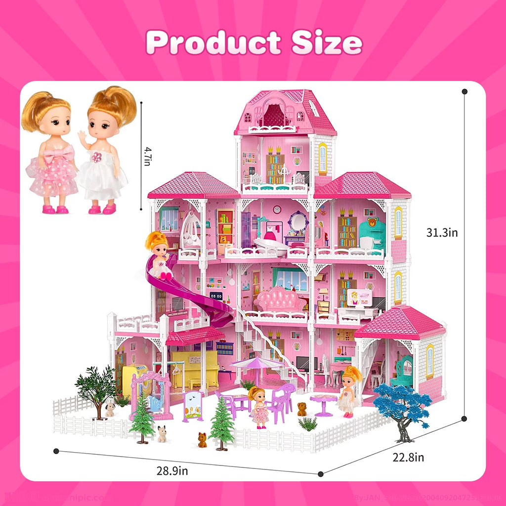 Beefunni 4-Story 12-Room Dollhouse with 2 Princesses and Slide Accessories X74843