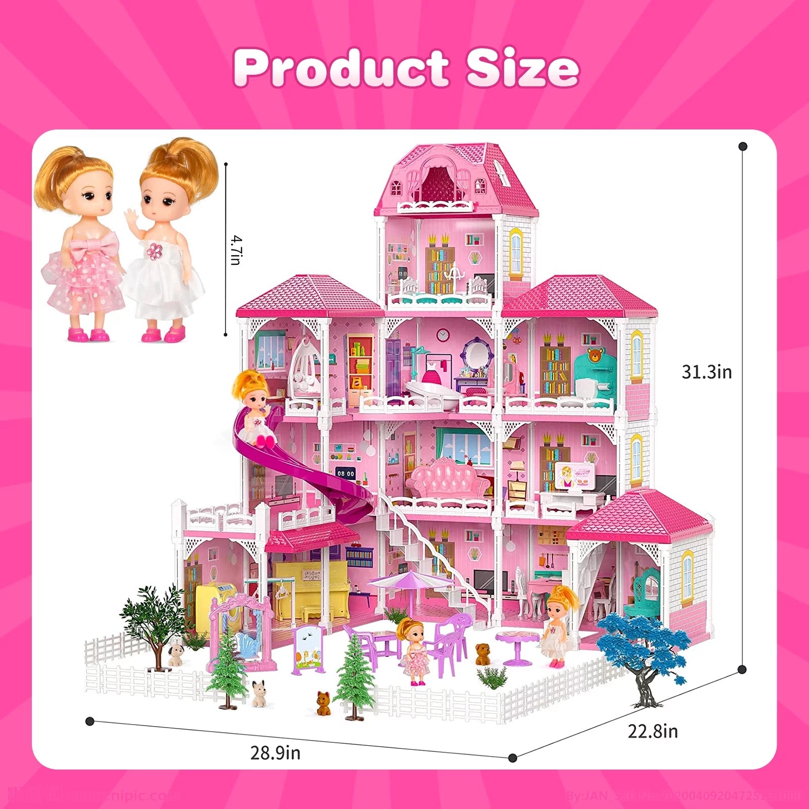 Beefunni 4-Story 12-Room Dollhouse with 2 Princesses and Slide Accessories X74843
