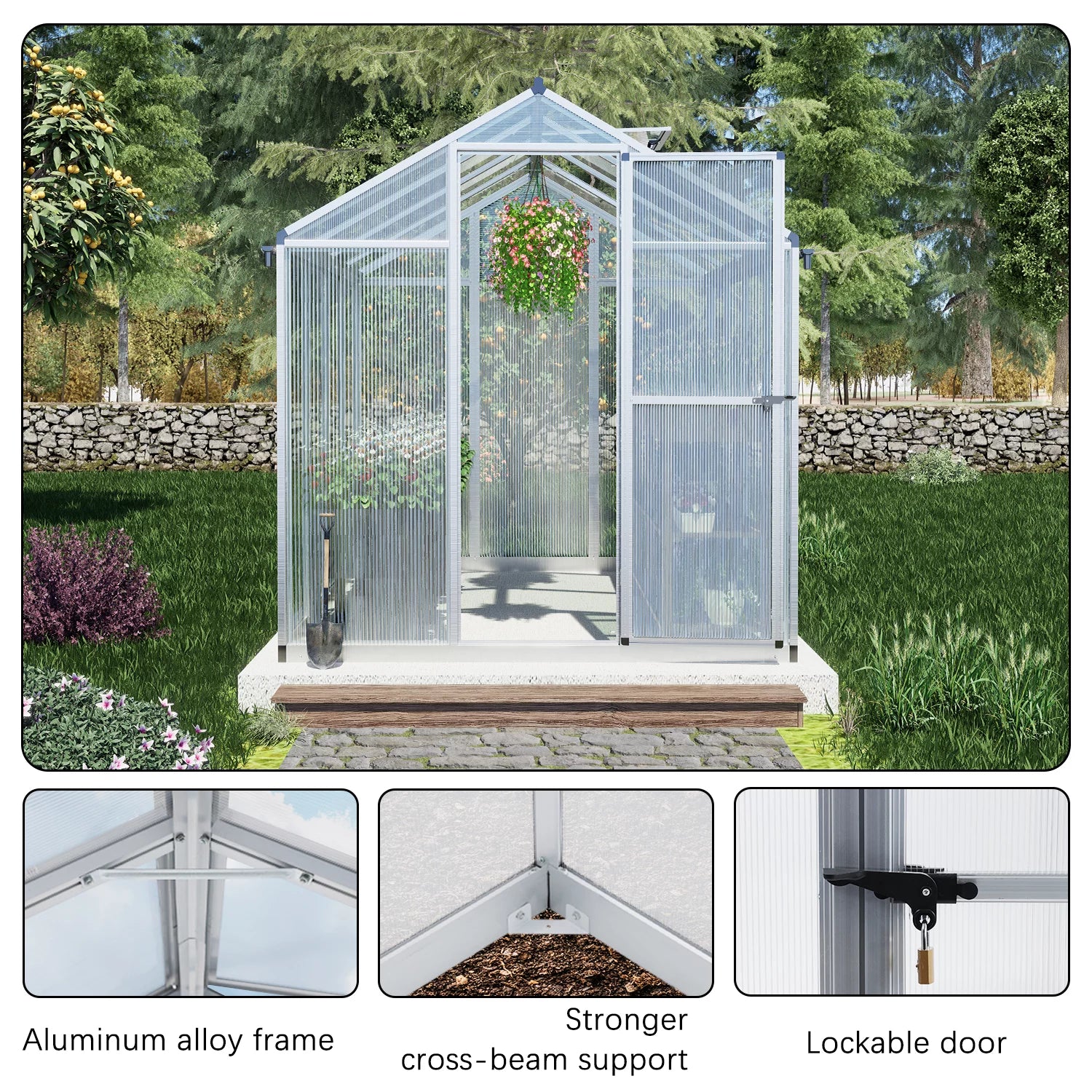 Polycarbonate Greenhouse with Roof Vent and Door Lock 7k