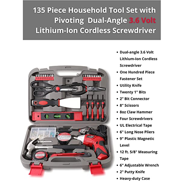 135 Piece Household Tool Kit Pink with Cordless Screwdriver k7
