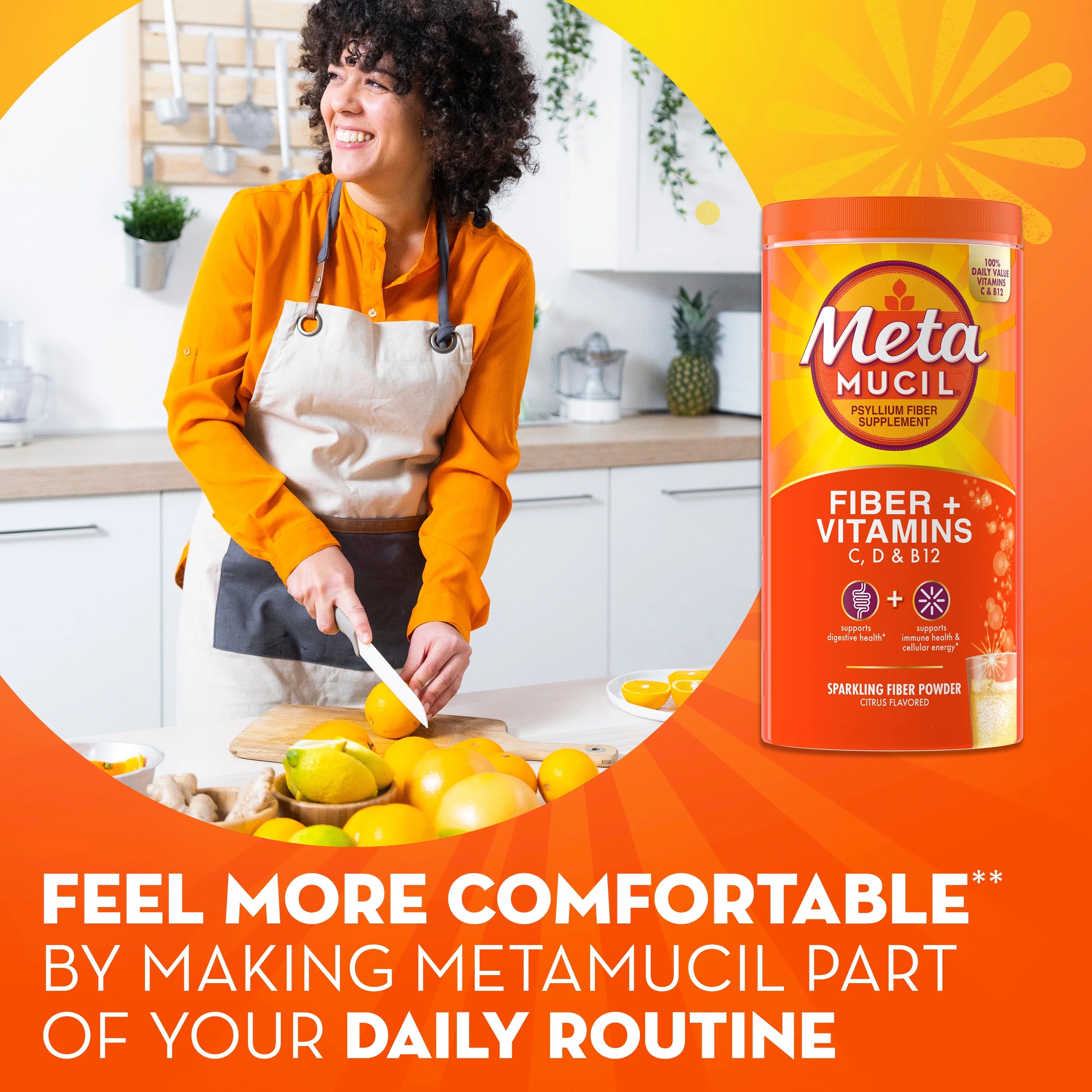 Metamucil Daily Fiber Supplement with Vitamins C, D & B12, Citrus, 50 Servings U266808