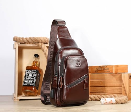 Leather Sling Bag for Men with USB Charging Port Crossbody Daypack Hiking Travel Backpack k7