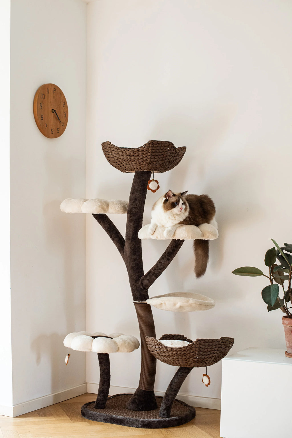 Catry 59" Natural Blossom Cat Tree 6-Level Cat Tower with Hammock T18613