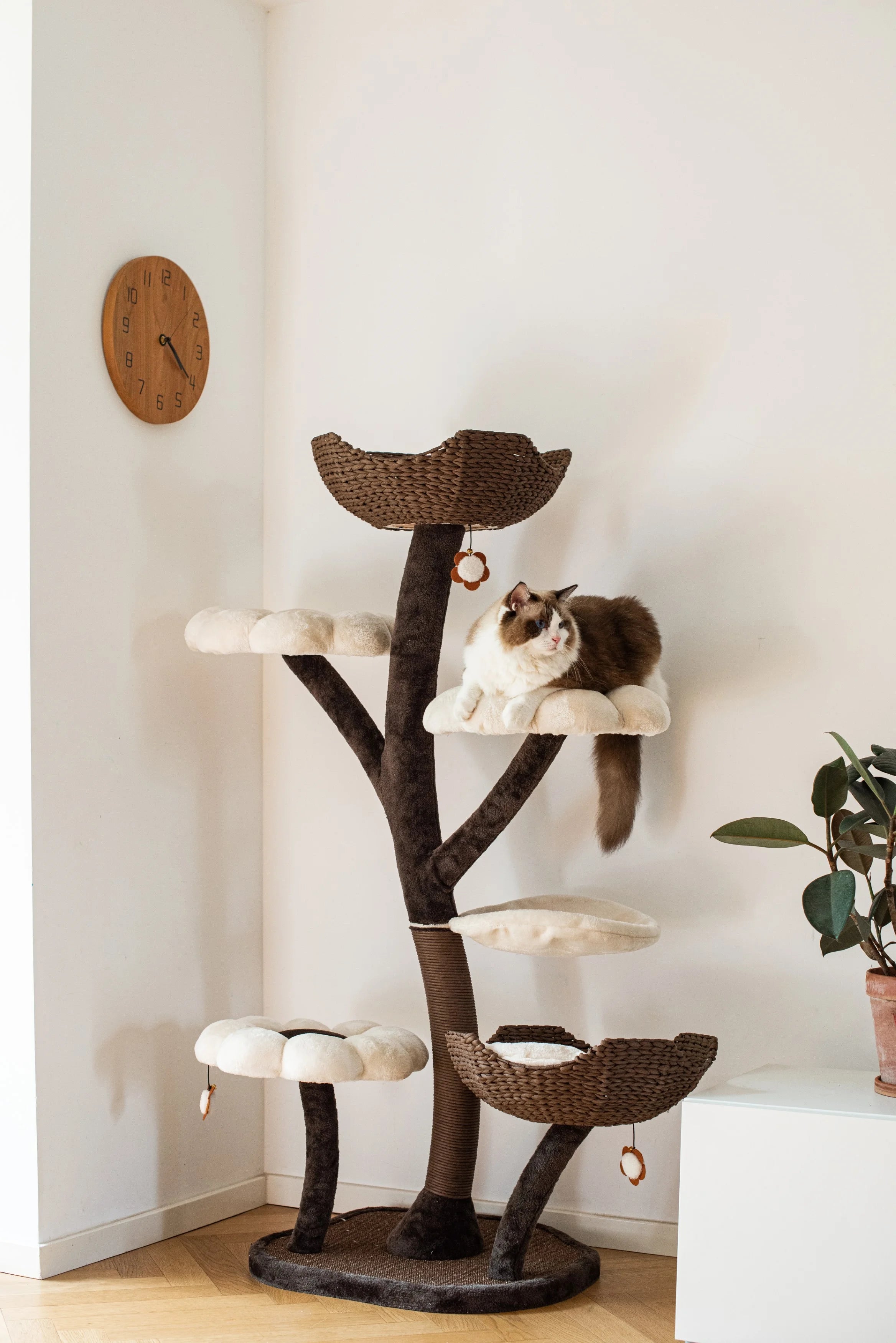 Catry 59" Natural Blossom Cat Tree 6-Level Cat Tower with Hammock T18613