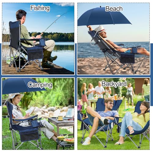 Beach Chair with Reclining Foot Rest and Adjustable Umbrella, Blue k7