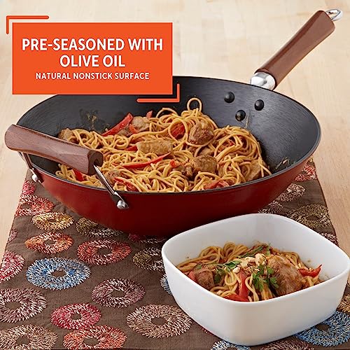 IMUSA USA Light Cast Iron Wok with Wood Handles 14-Inch N953
