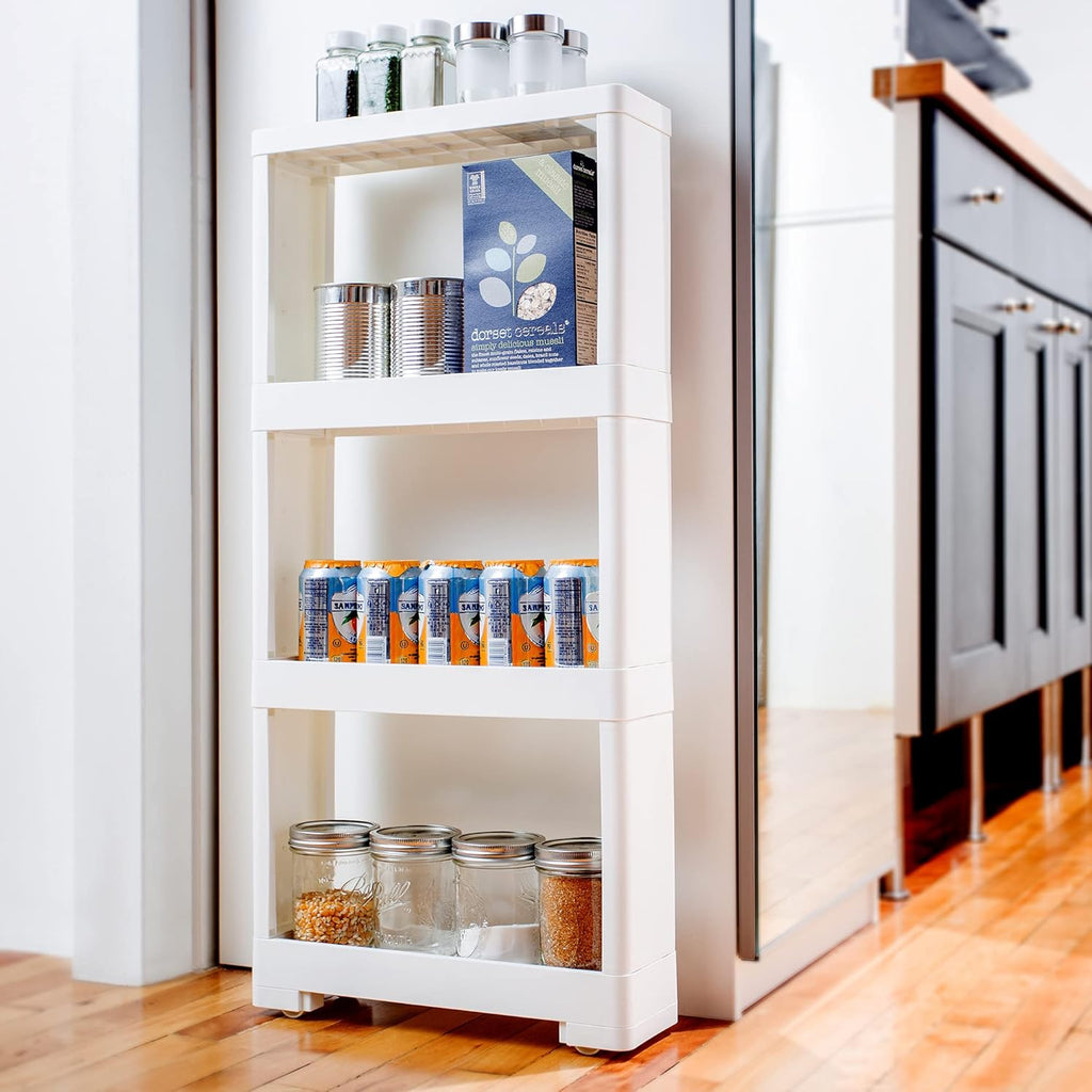 Slim Rolling Cart Trolley 4-Tier Narrow Storage Shelf White Z663