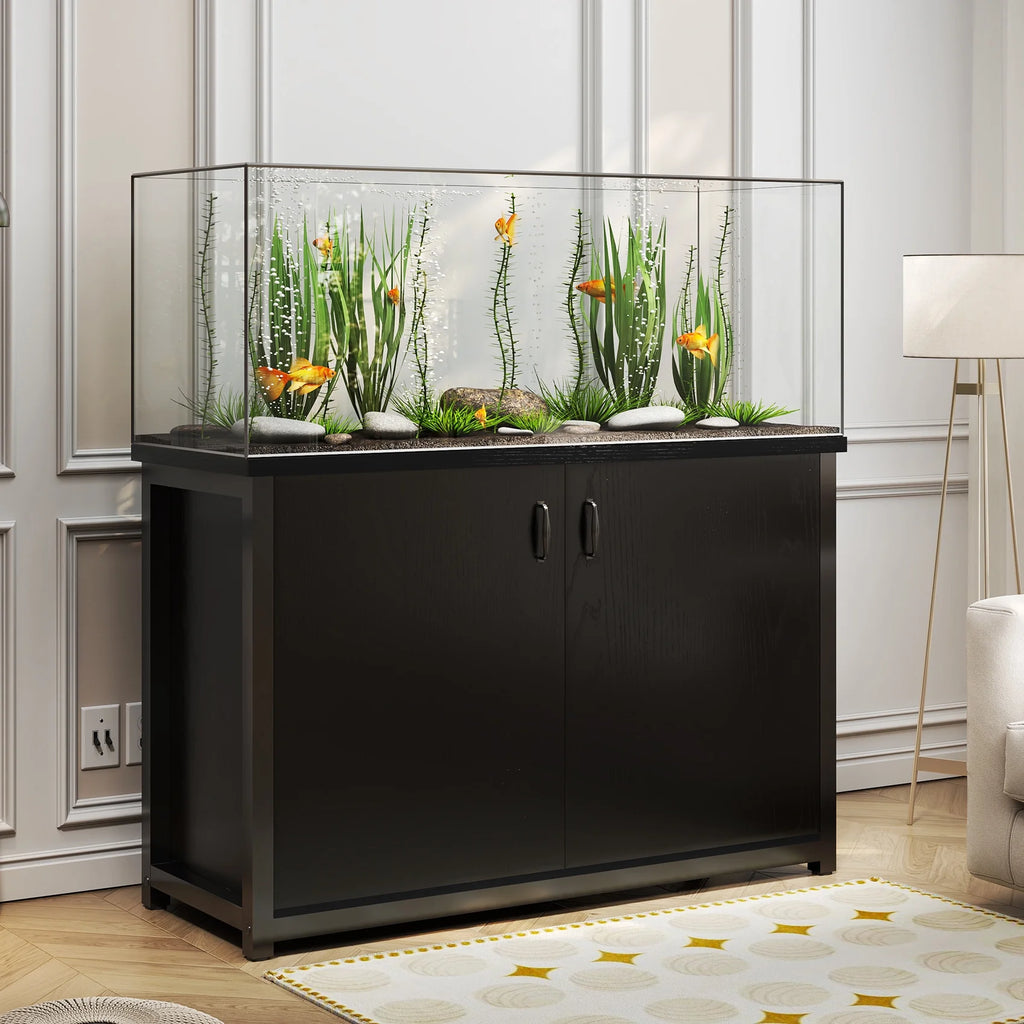 TC-HOMENY 55-75 Gallon Aquarium/Fish Tank Stand with Cabinet and Charging Station/Power Outlets, Black