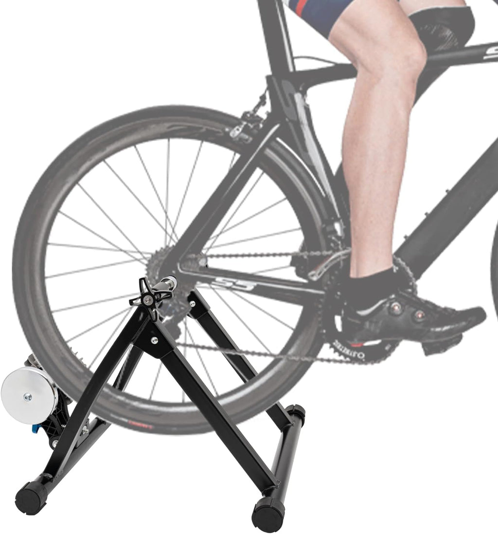 Indoor Bike Trainer Stand Magnetic Stationary Bike Stand for 26-29" & 700C Wheels Portable Indoor Bike Trainer for Indoor Riding with Quick Release Lever & Front Wheel Riser Block
