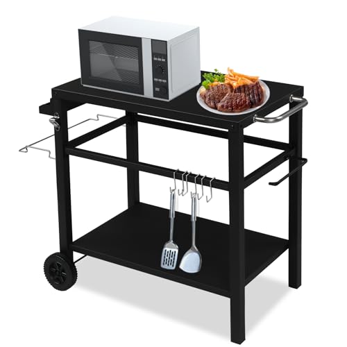 VINGLI Grill Cart Table Oven Pizza Stand with Wheels, 32.7”x 20” Food Prep Worktable with Hooks, Garbage Bag Holder and Spice Rack, Outdoor Indoor Use,BBQ (Metal Top)