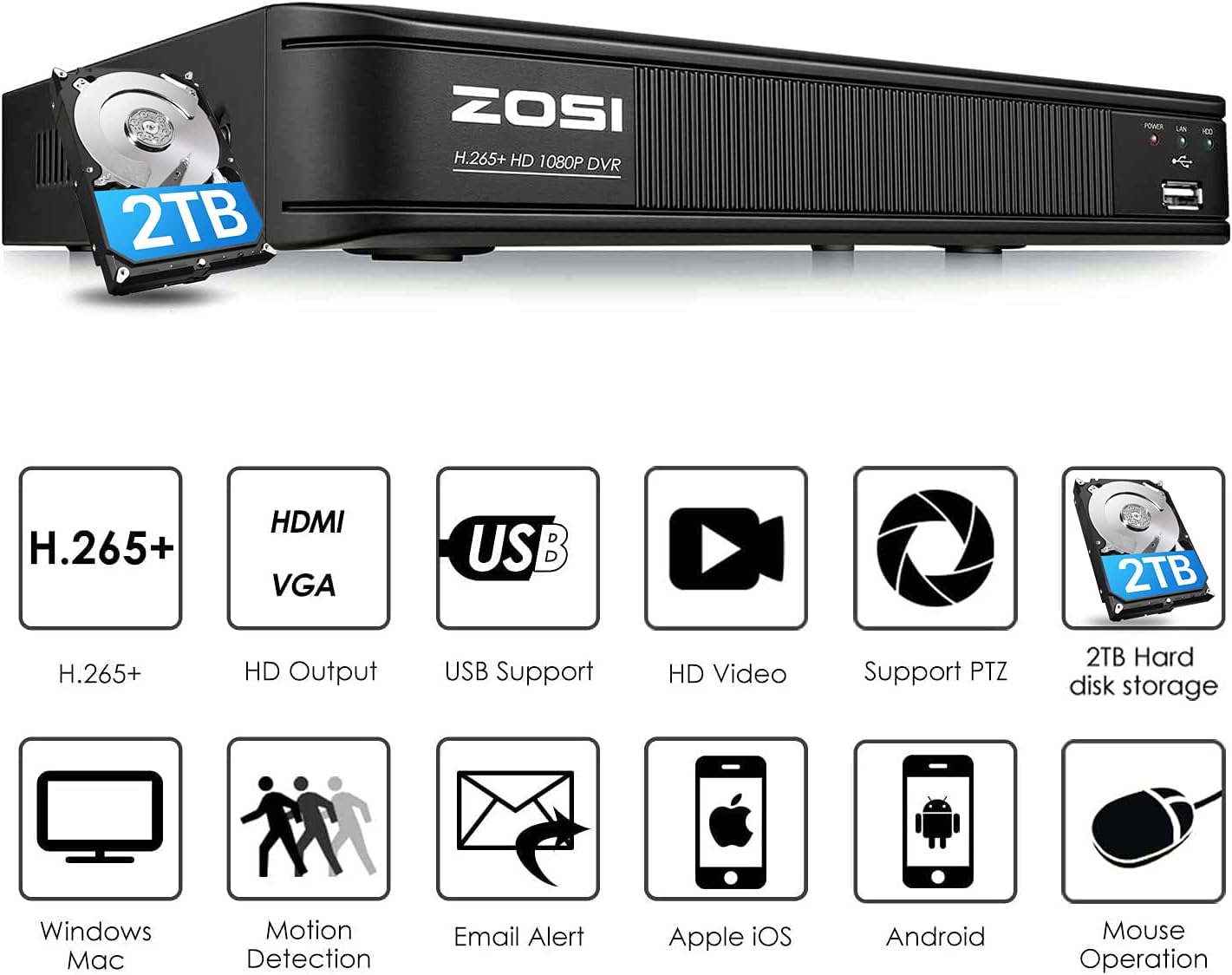 ZOSI H.265+ 1080p 8 Channel CCTV DVR Security System with 2TB Hard Drive (Renewed) J887