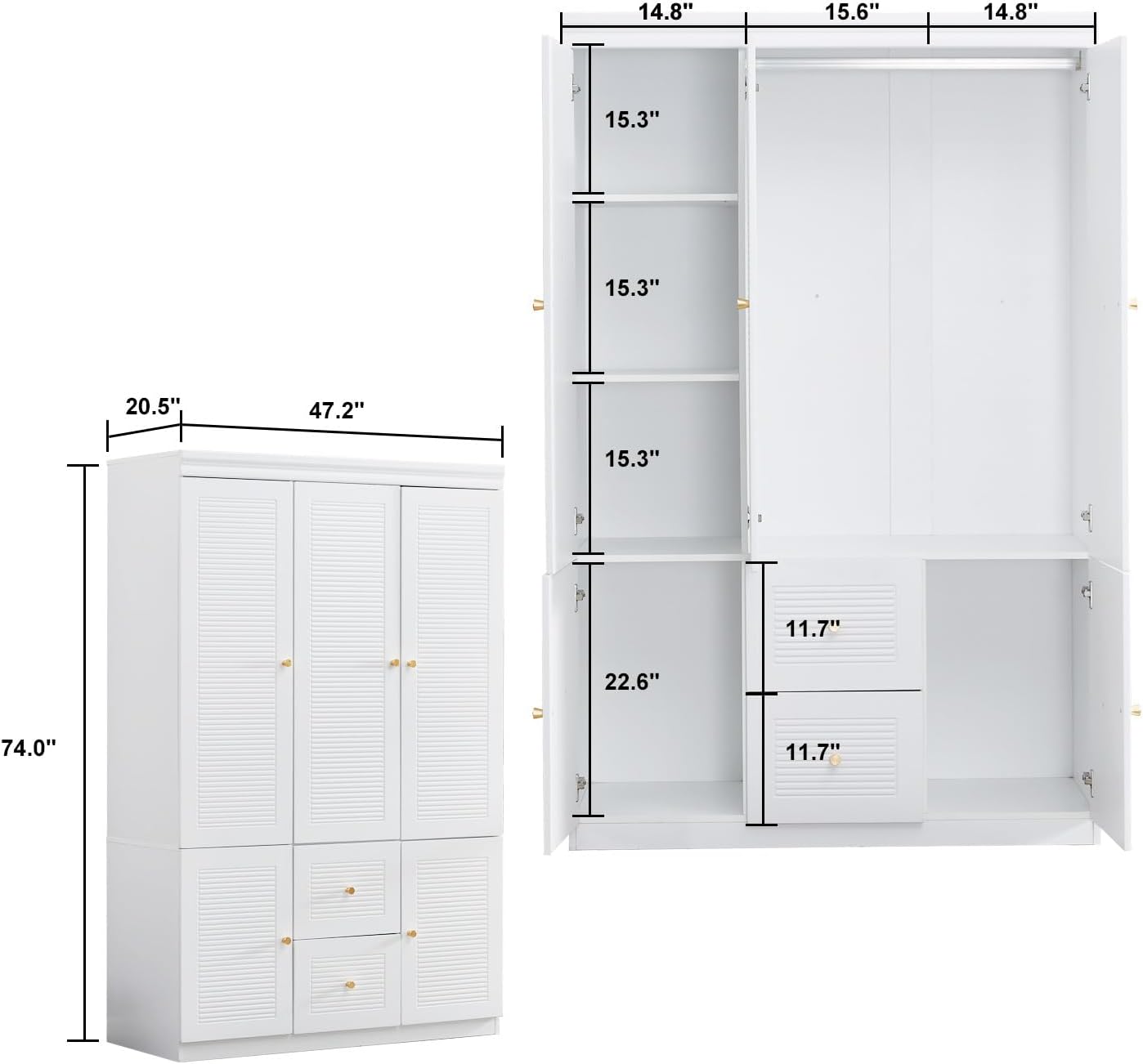 3 Door Armoire Wardrobe Closet with 2 Drawers, White Wooden Cabinet T413596