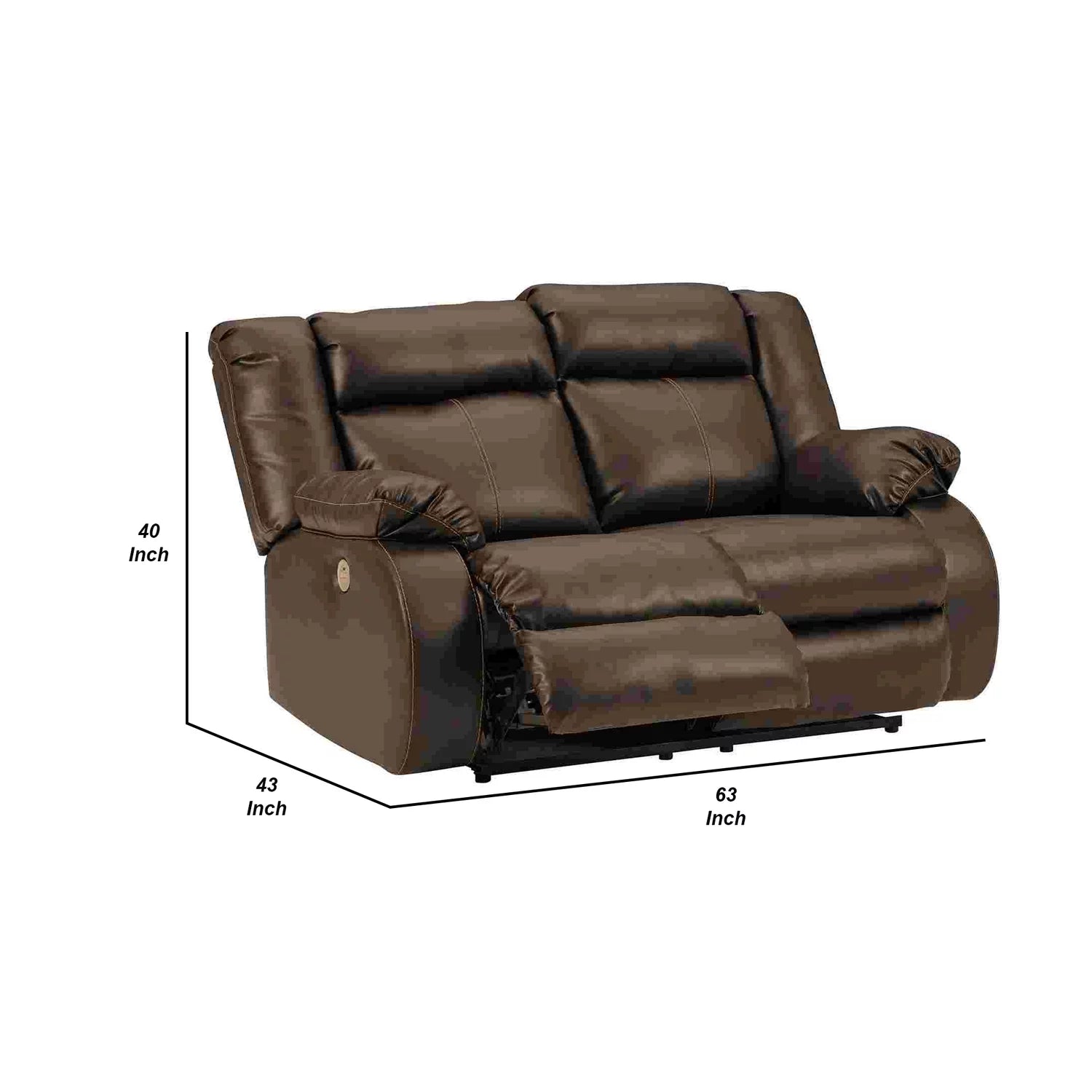 Benjara Power Recliner Loveseat with Faux Leather, Brown W107