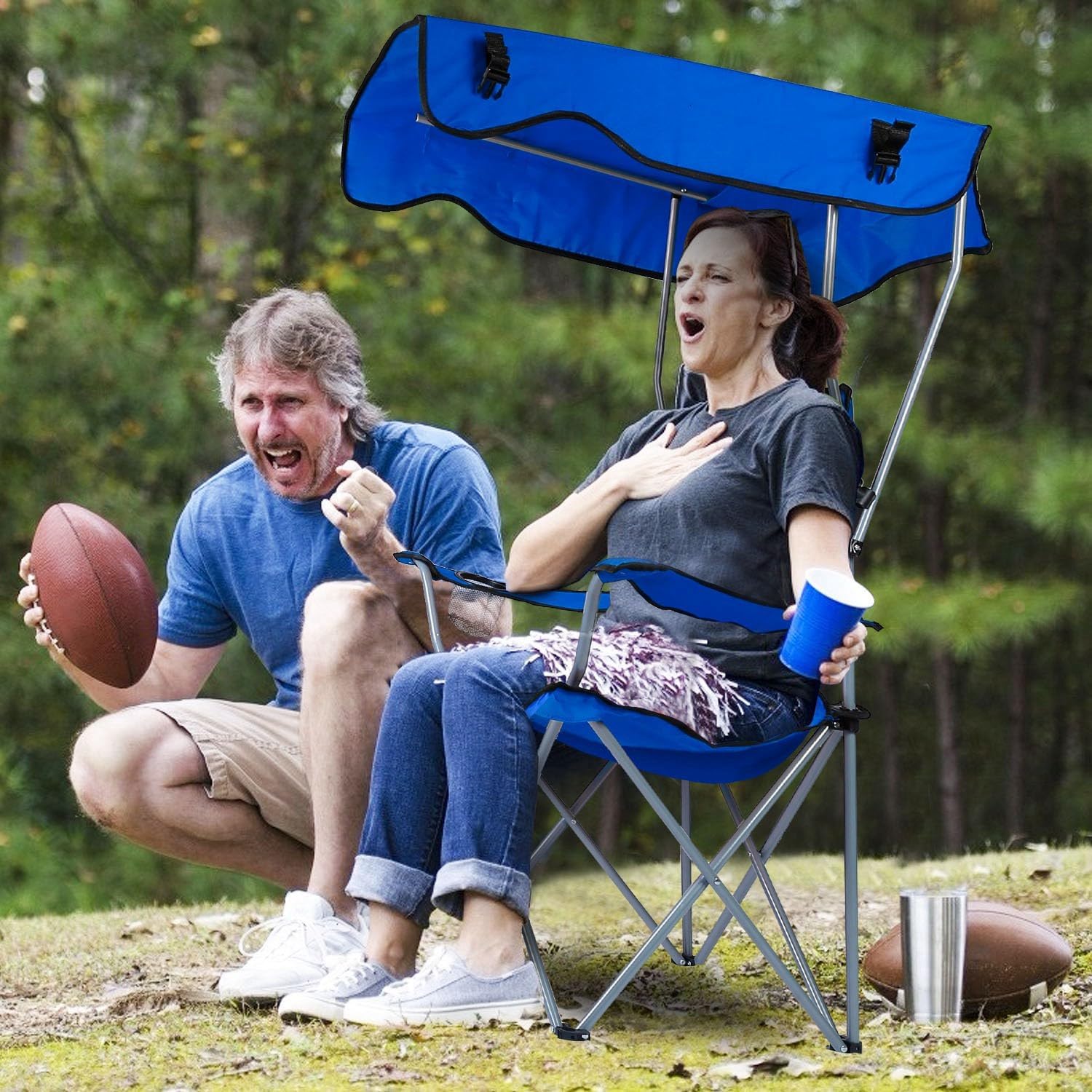 Camping Chair with Shade Canopy, Heavy Duty Folding, UPF 50+ Sun Protection Portable Outdoor Support 330 LBS Blue k7
