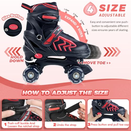 Kids Adjustable Roller Skates Light Up Wheels Quad Black Red k7