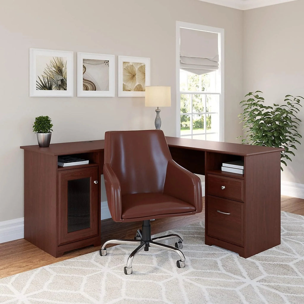 Cabot L Shaped Computer Desk with Drawers, Harvest Cherry K688