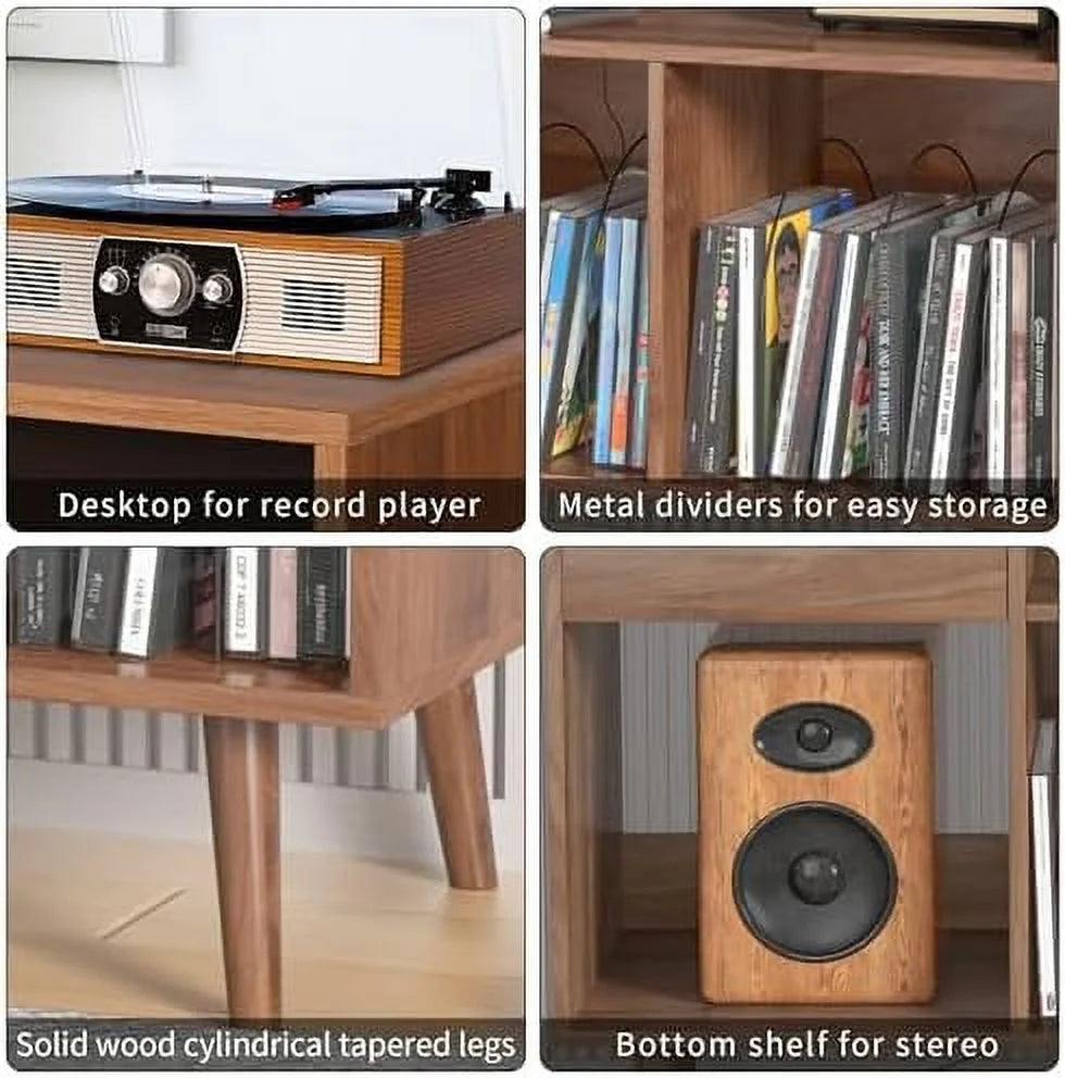 TJBOLIFE Mid-Century Record Player Stand with Vinyl Cabinet and Power Outlet H348