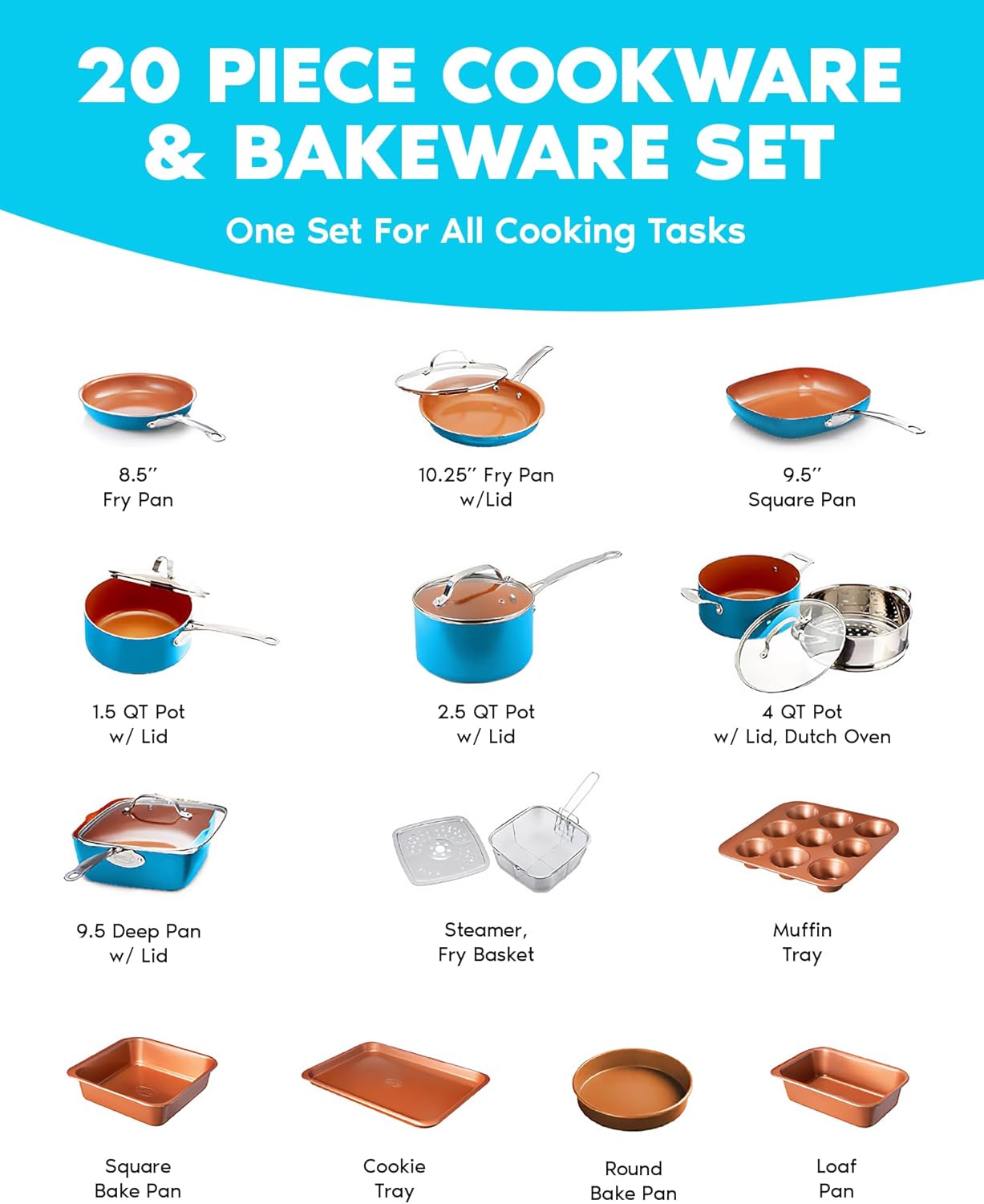 Gotham Steel 20 Piece Copper Pots and Pans Set with Ceramic Bakeware, Nonstick, Dishwasher Safe – Turquoise Y789210
