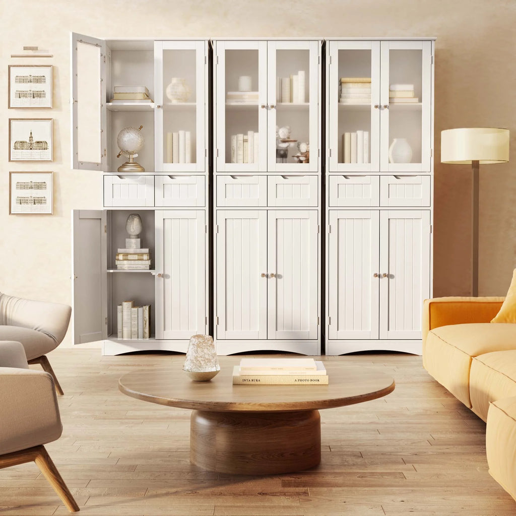 Lofka Tall Storage Cabinet with Glass Doors and 2 Drawers, Dark Brown F93607
