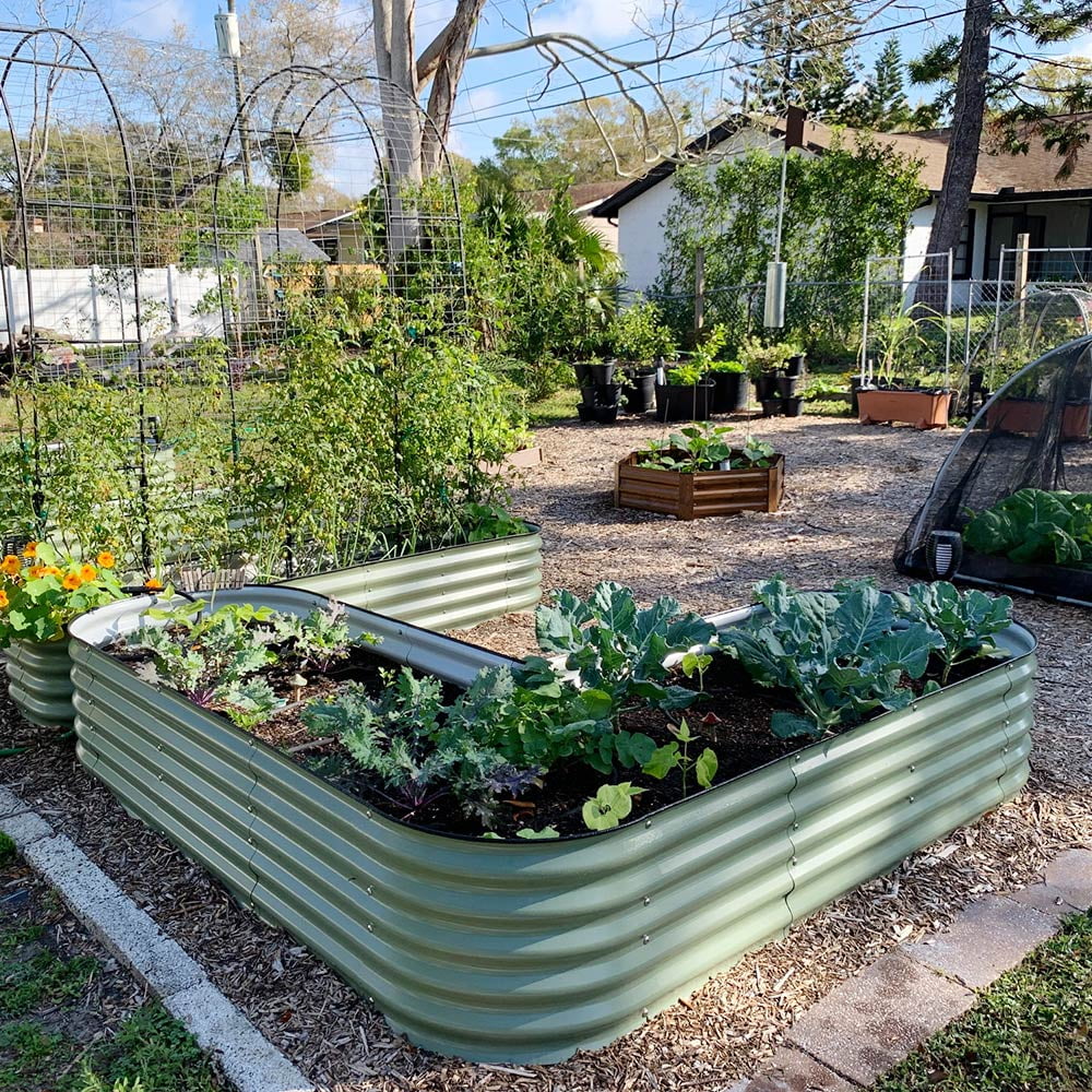 VEGEGA 17" Tall L-Shaped Modular Corrugated Metal Raised Garden Beds Large Size - Green