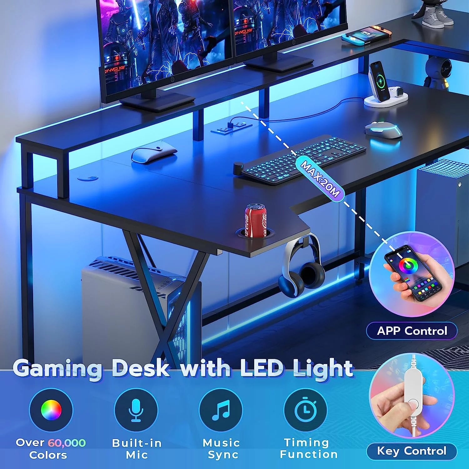 70.8'' Computer Desk with LED Lights and Storage Shelves, Black J414040