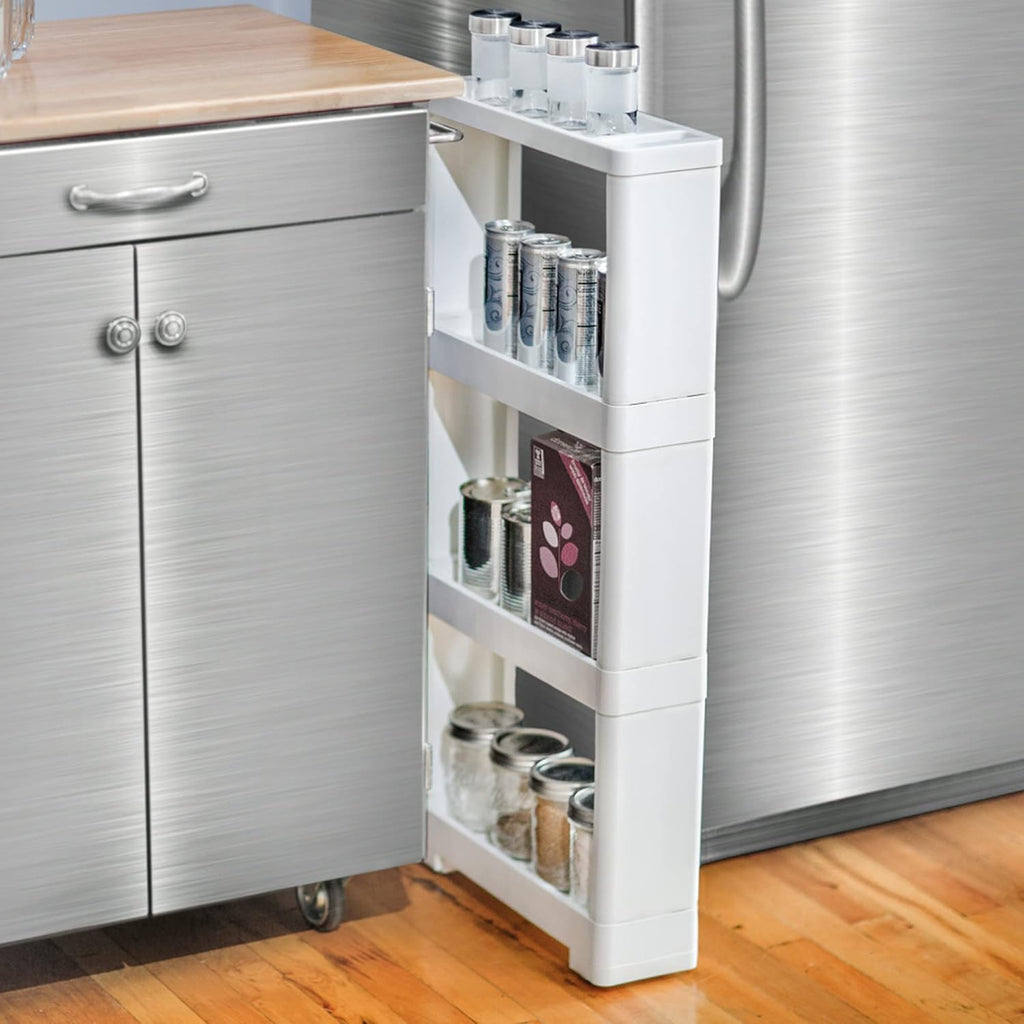 Slim Rolling Cart Trolley 4-Tier Narrow Storage Shelf White Z663