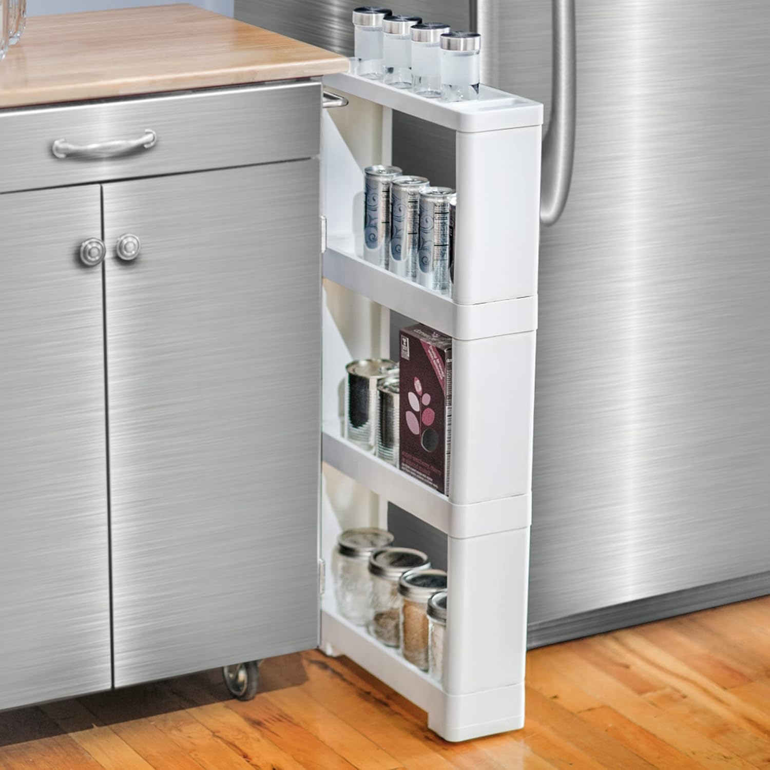 Slim Rolling Cart Trolley 4-Tier Narrow Storage Shelf White Z663