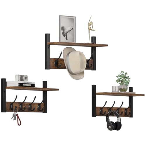 Wood Coat Rack with 16 Hooks, Wall Mounted, Rustic Brown A652