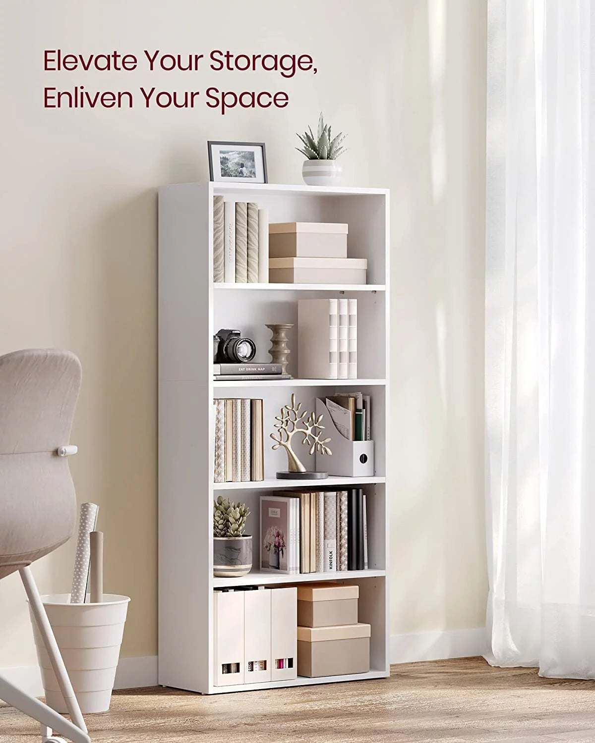 VASAGLE Bookshelf 5-Tier Open Bookcase with Adjustable Shelves, White H46414