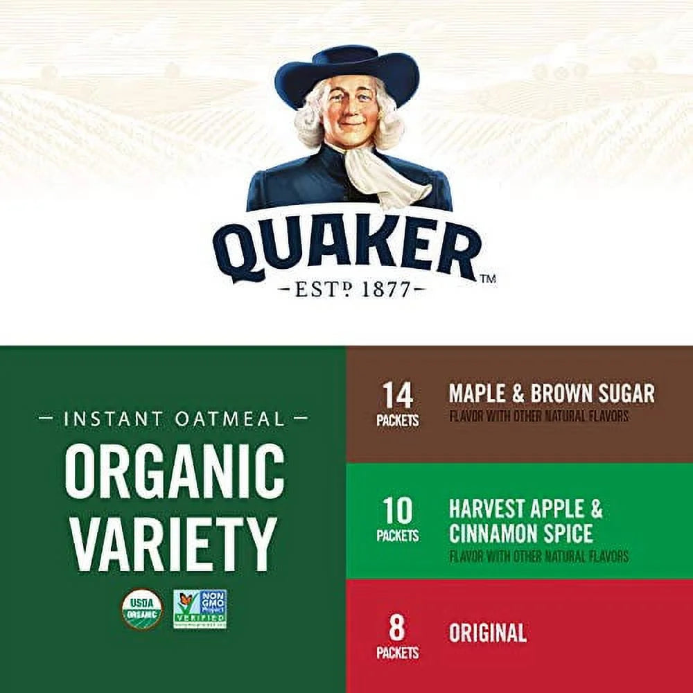 Quaker Instant Oatmeal USDA Organic 3 Flavor Variety Pack, 32 Count U512