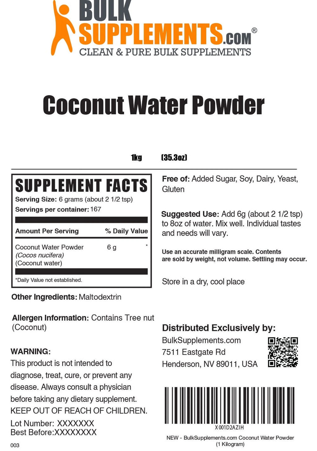 BulkSupplements.com Coconut Powder Electrolyte Drink Mix (1 Kilogram) G113699