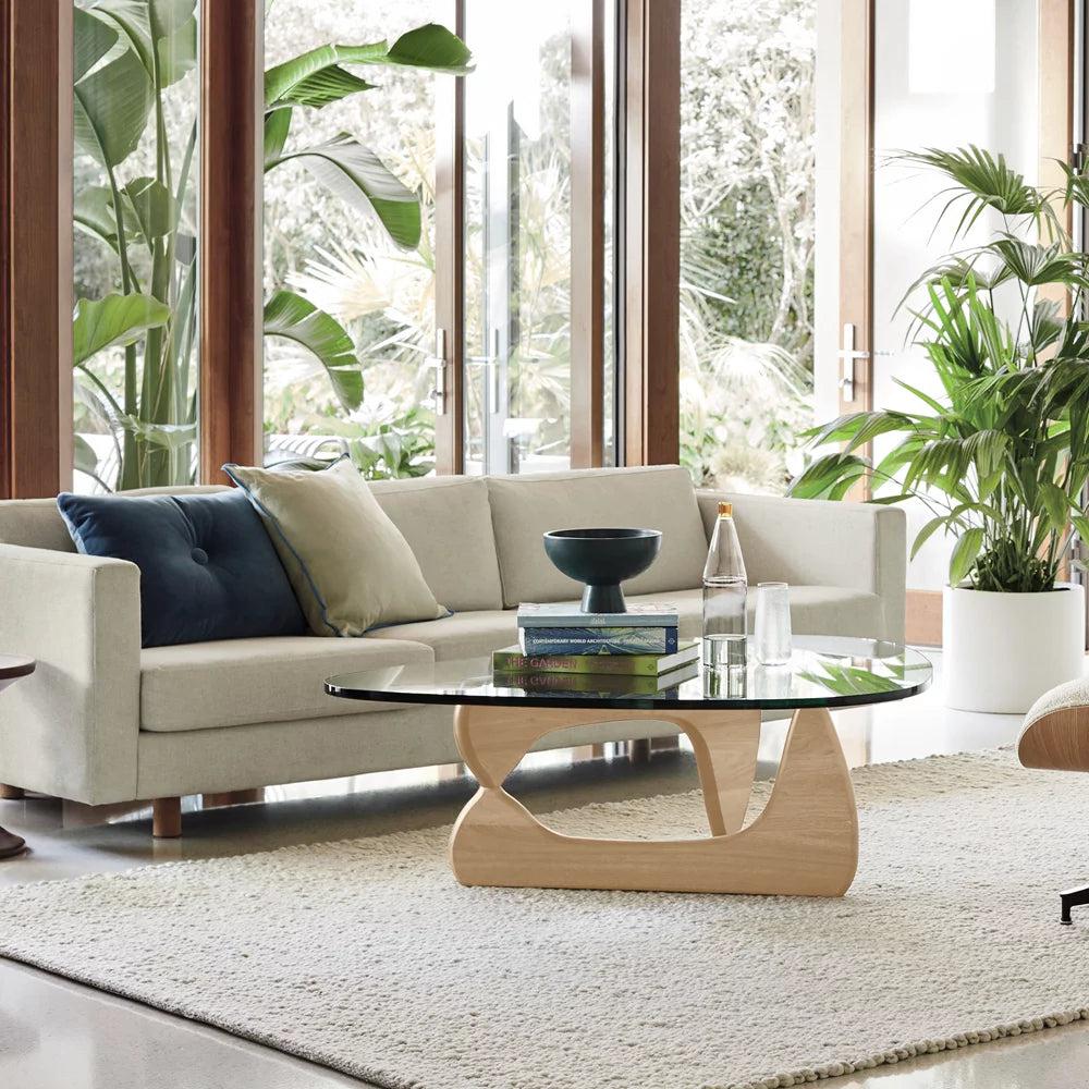 Mid Century Triangle Tempered Glass Coffee Table Solid Wooden Base 7k