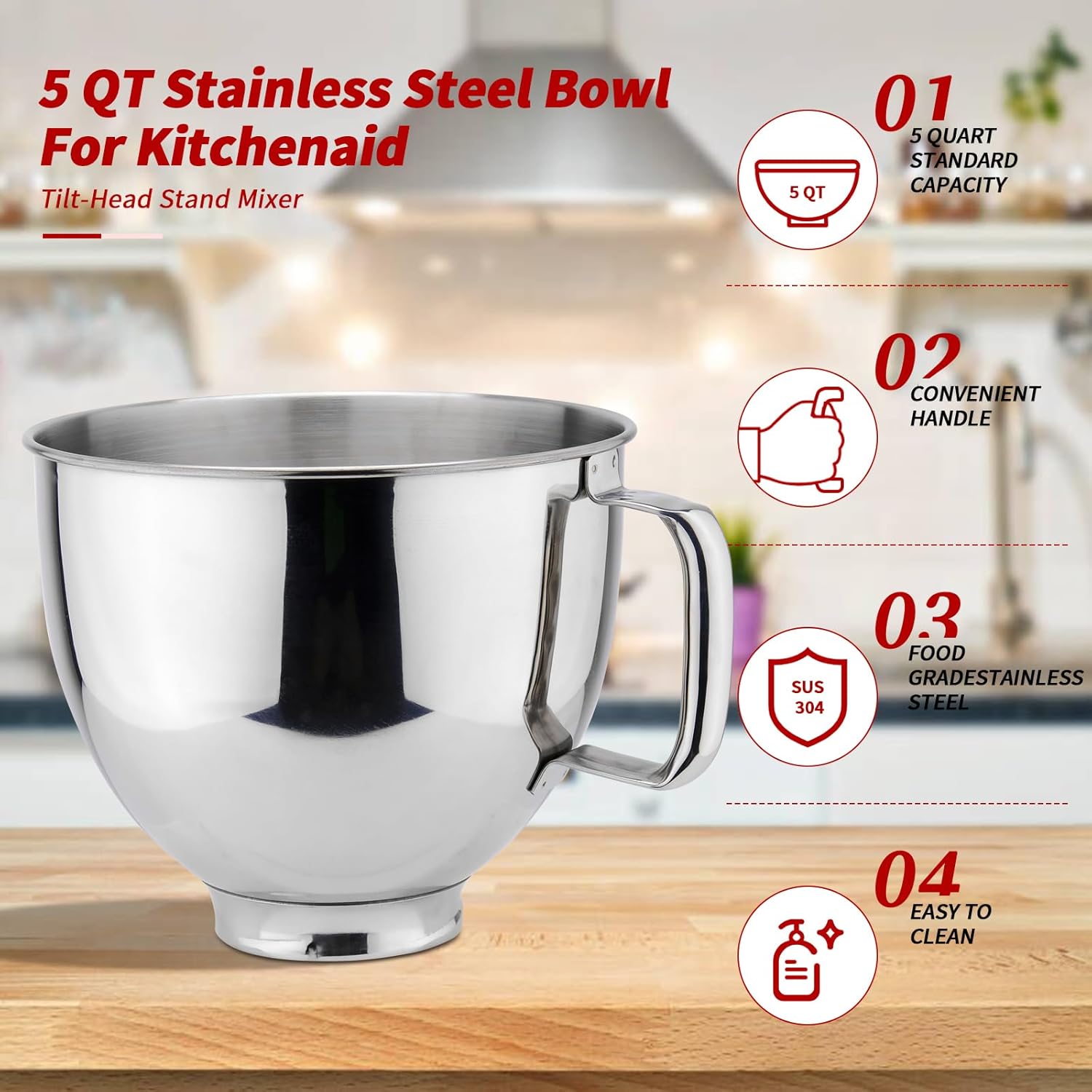 Stainless Steel Mixer Bowl 5QT for KitchenAid Tilt-Head Stand Mixers R38178