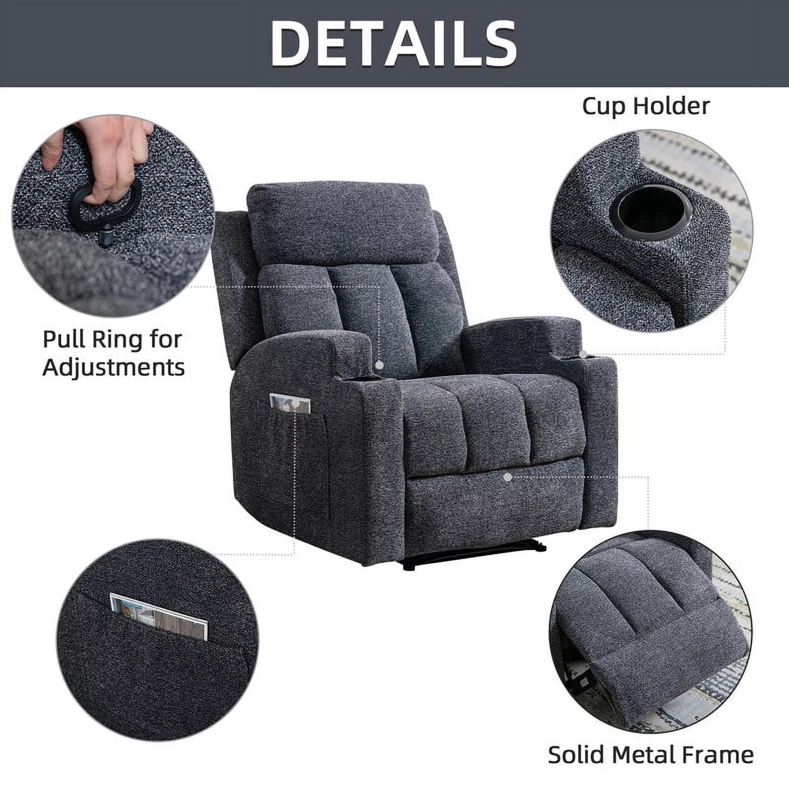 Ebello Design Manual Massage Recliner Chair with Heat, Side Pockets and Cup Holders K136598