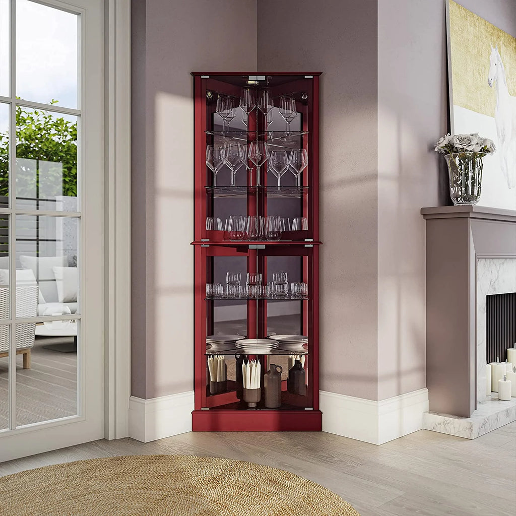 Wooden Corner Curio Cabinet with Tempered Glass Door and 6 Shelves - Cherry K141601