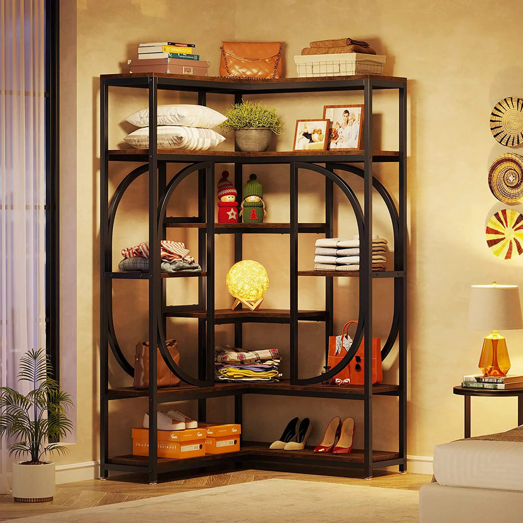 Tribesigns L Shaped Corner Bookshelf, 7 Shelf Bookcase, Rustic Brown & Black T1191