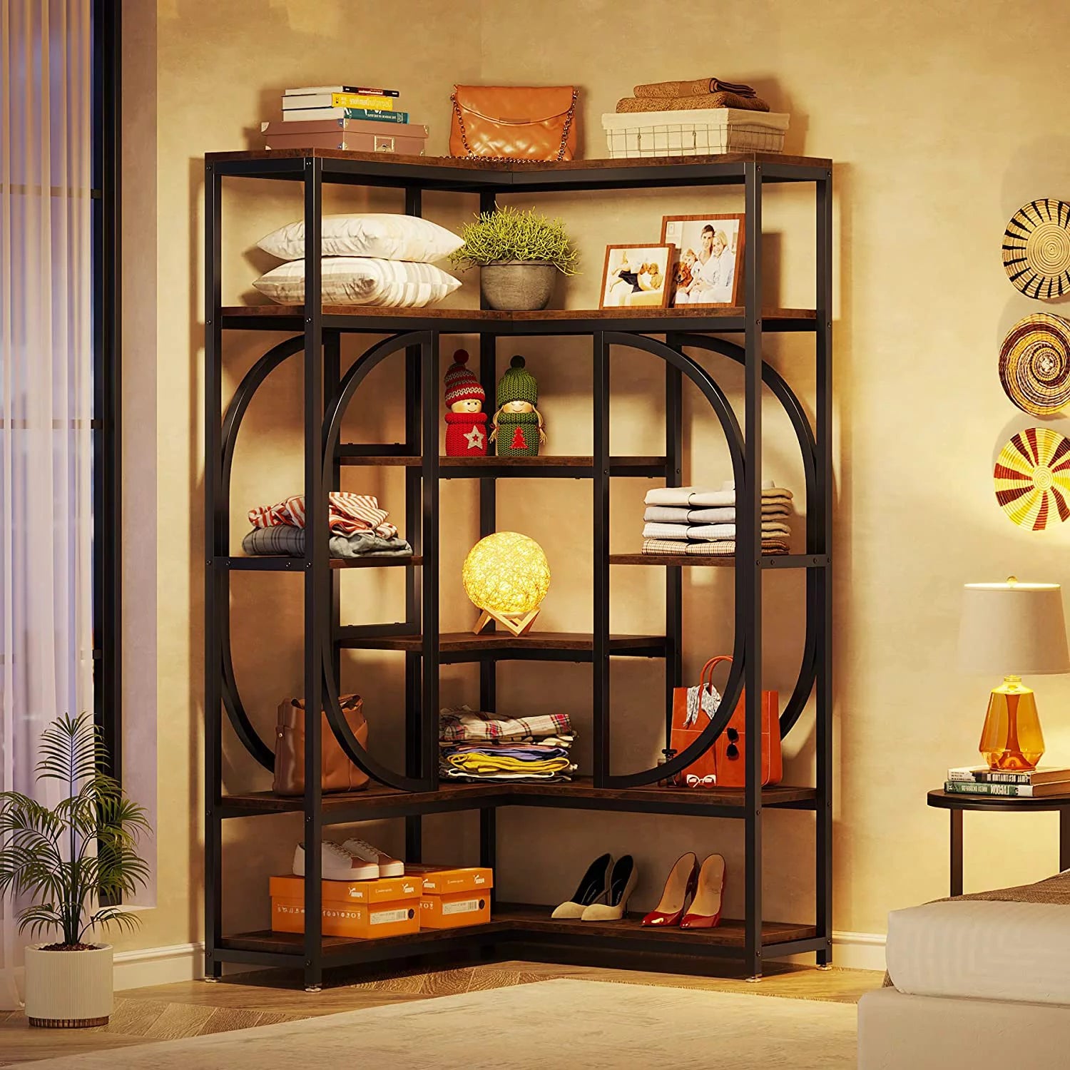 Tribesigns L Shaped Corner Bookshelf, 7 Shelf Bookcase, Rustic Brown & Black T1191