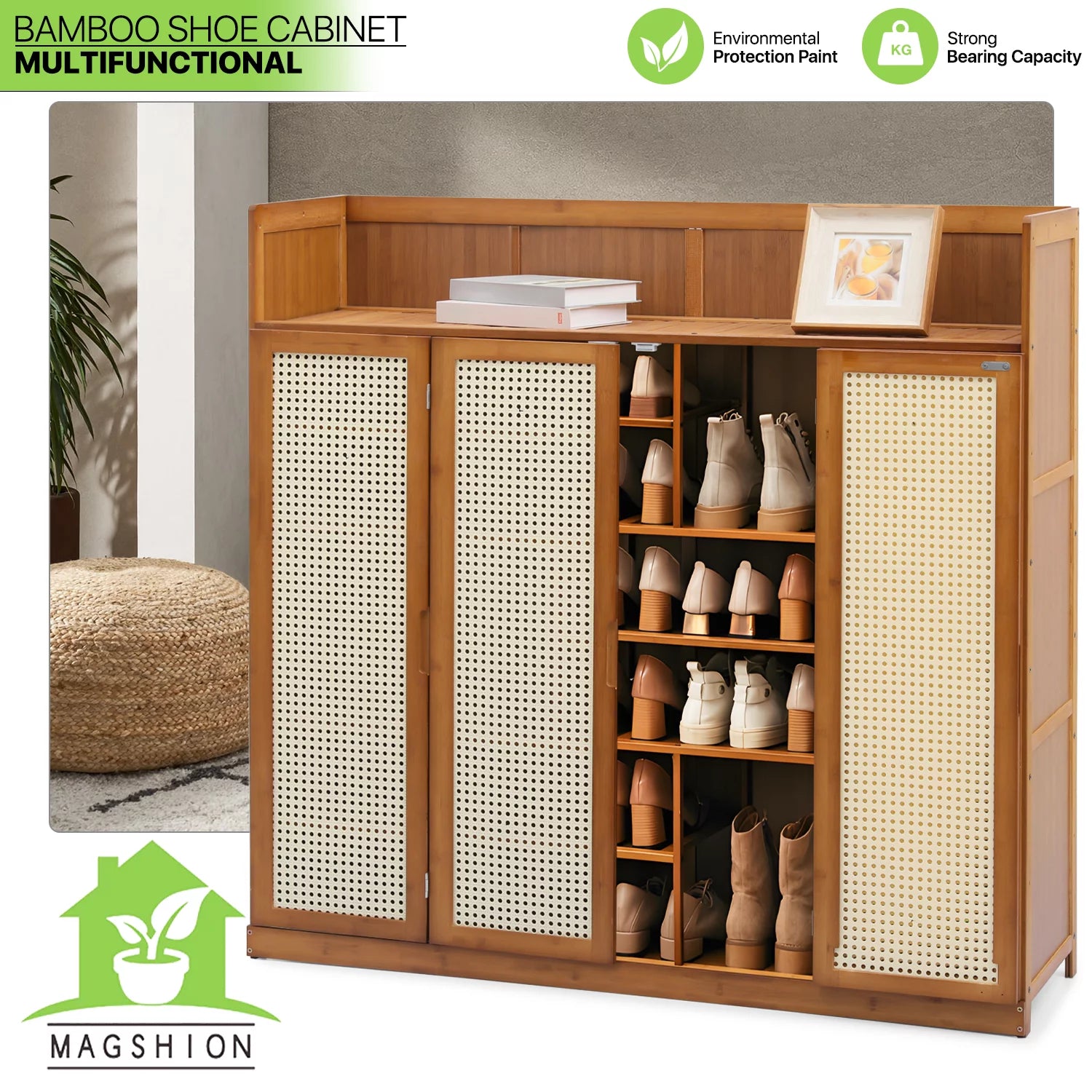 Magshion Bamboo 7-Tier Shoe Cabinet with Folding Rattan Doors O670
