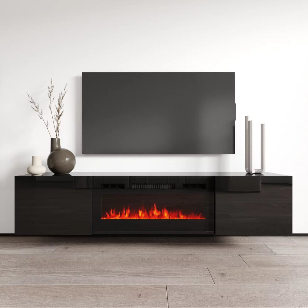 Cali BL-EF Floating Fireplace TV Stand for TVs up to 80", Modern High Gloss 72" Entertainment Center, Wall Mounted Electric Fireplace TV Media Console with Storage Cabinets