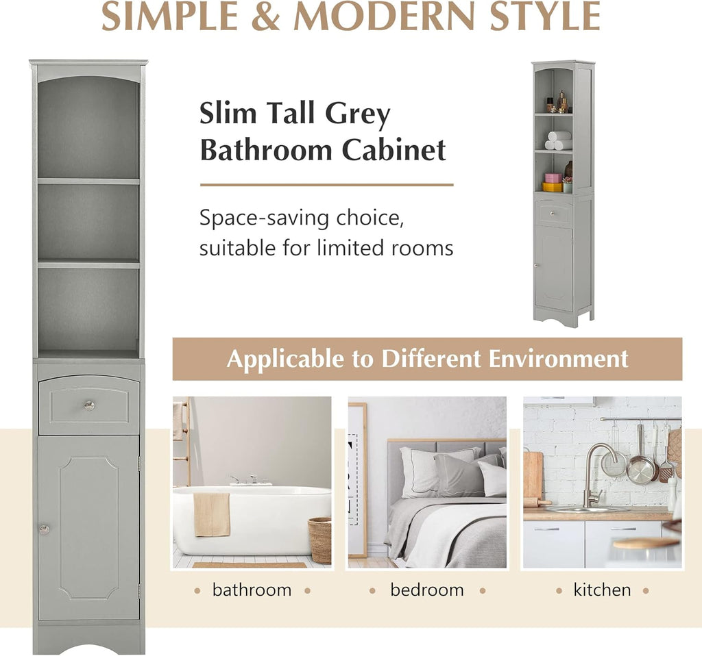 Tall Slim Bathroom Storage Cabinet with 3-Tier Shelf and Drawer, Grey M889