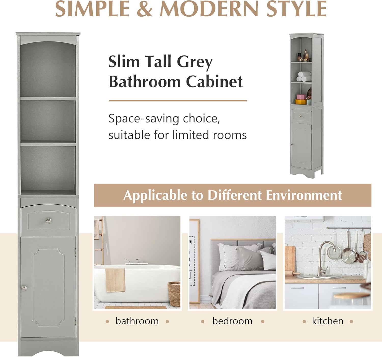 Tall Slim Bathroom Storage Cabinet with 3-Tier Shelf and Drawer, Grey M889