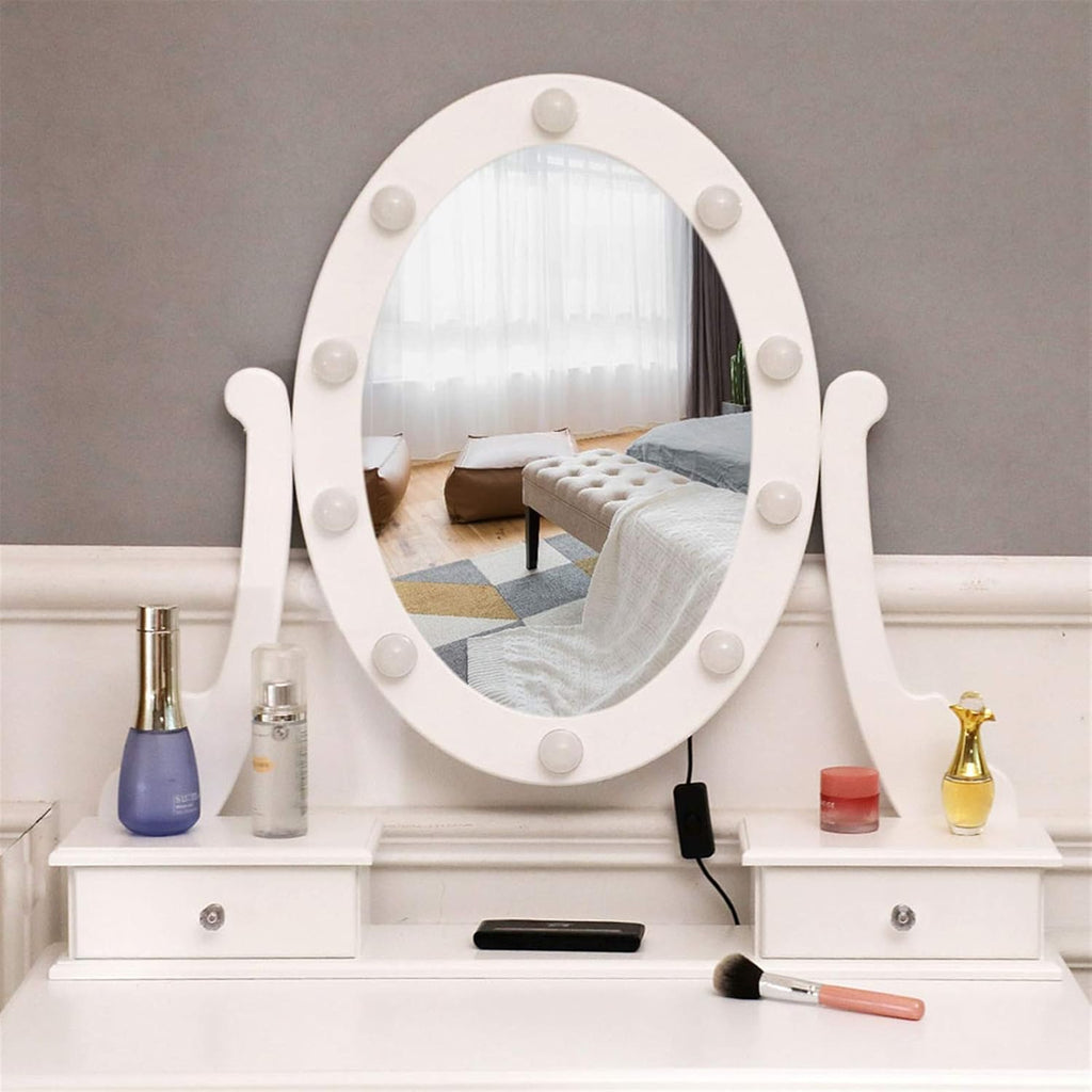White Lighted Makeup Vanity Set with Rotating Mirror and Cushioned Stool Y385384