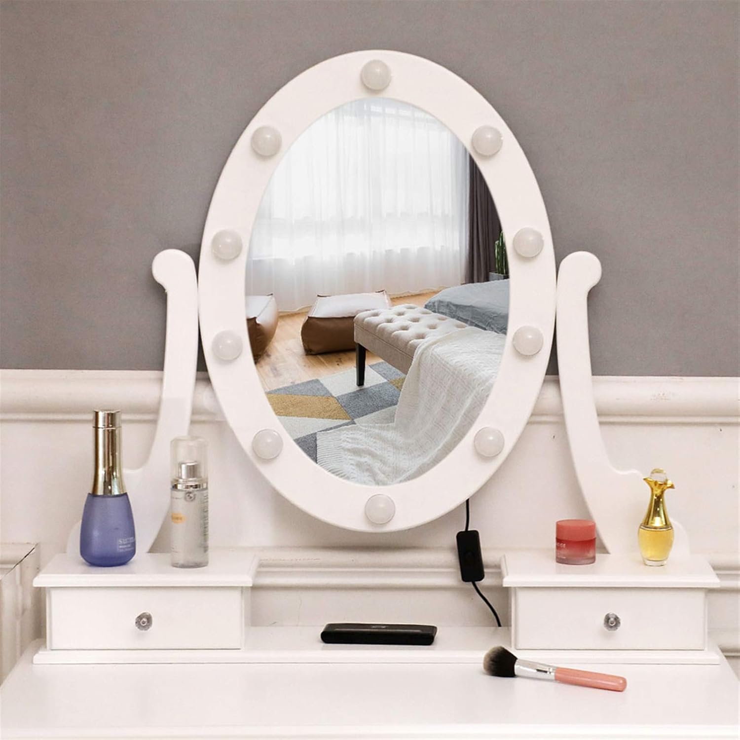 White Lighted Makeup Vanity Set with Rotating Mirror and Cushioned Stool Y385384