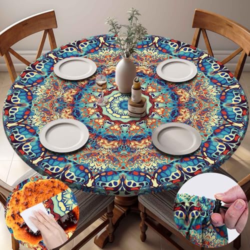 Fitted Round Tablecloth with Elastic Patio Table Cover Cloth Outdoor Tablecloths for 40"-44" Tables Modern Home Dorm Kitchen Decor Minimalist Living Room House Supplies Apartment Necessities