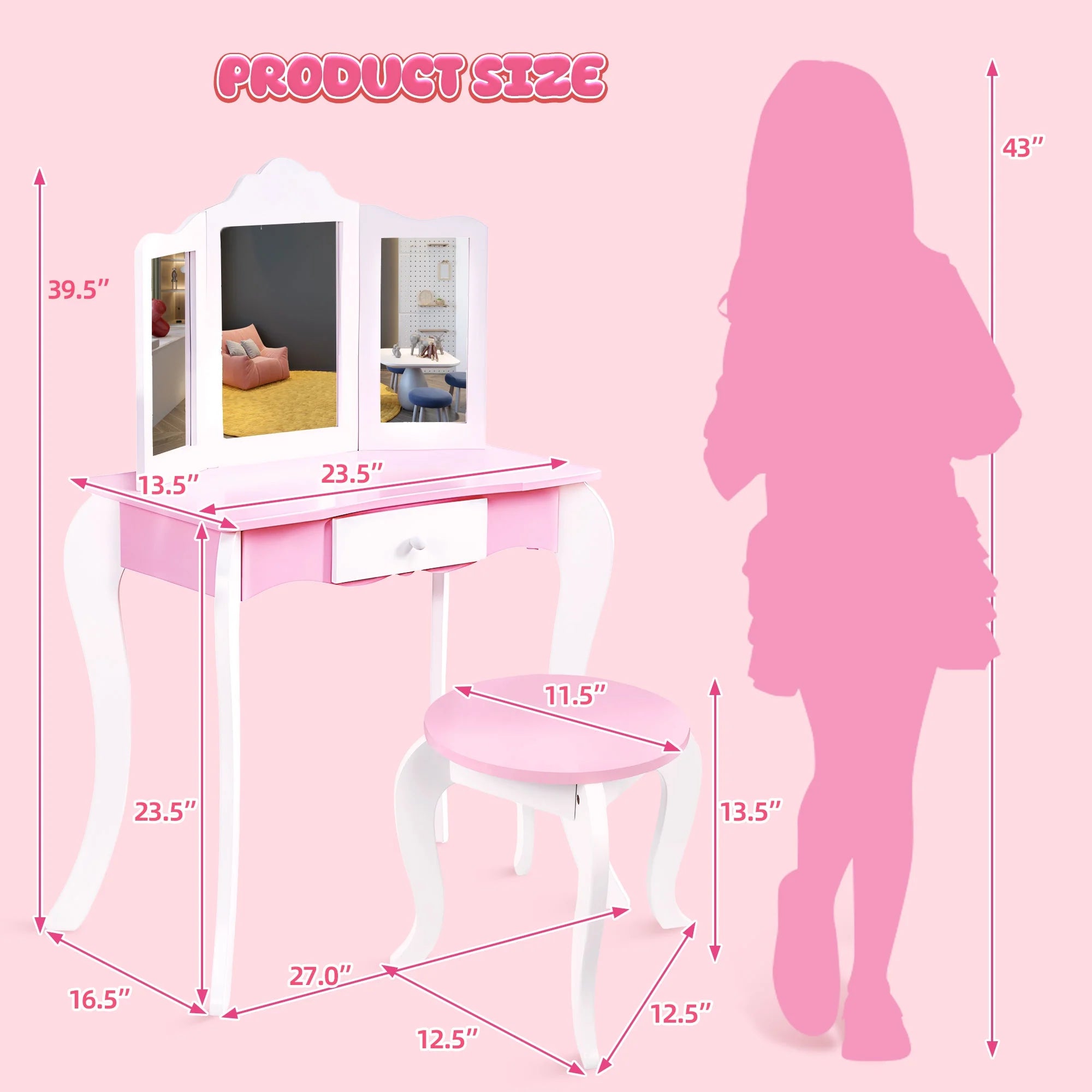 iRerts Kids Vanity Set with Mirror Princess Makeup Dressing Table, Pink O494