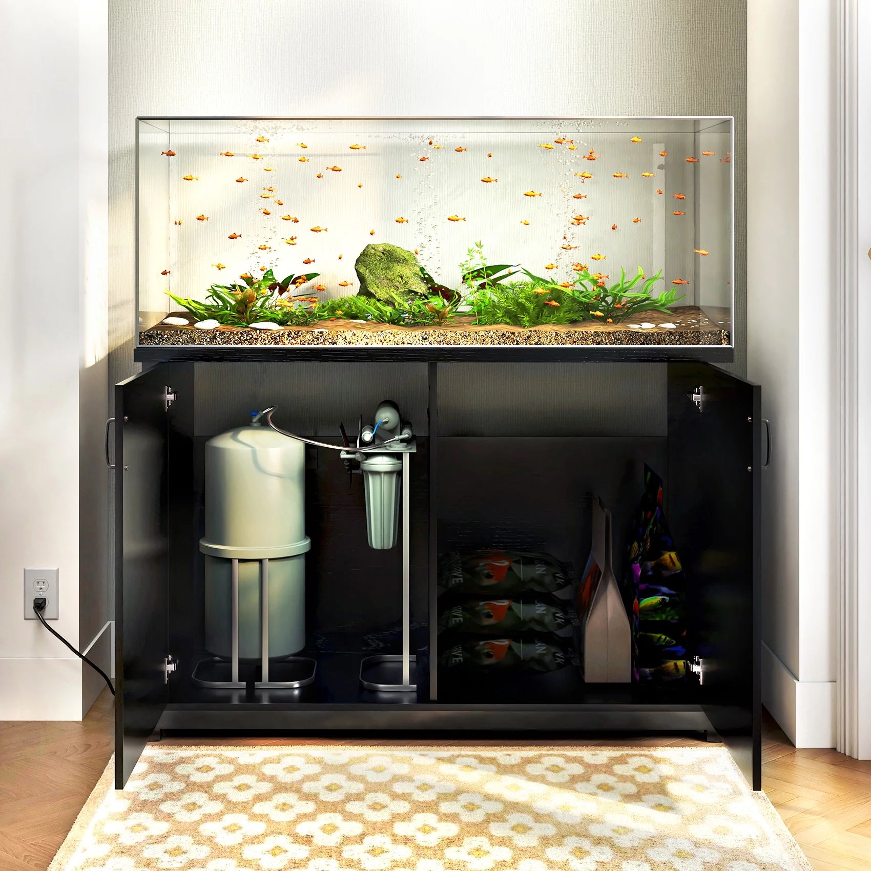TC-HOMENY 55-75 Gallon Aquarium Stand with Cabinet and Charging Station, Black E45434
